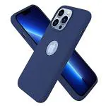 Clickaway Microfiber Logo Cut Case Compatible for Iphone 13 Pro Max Smooth Touch Cushion Liquid Soft Silicone Gel Rubber Non-Slip Full Body Protective Shockproof Back Cover 6.7 Inch Solid Navy Blue
