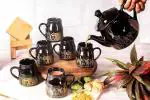 PotteryTown Fiery Ceramic SJM Tea, Coffee Cup Set 180 ml with Kettle 6 Tea Cups, 1 Kettle, black