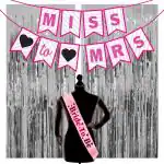 Zyozique Miss to Mrs Banner Bunting, Decoration and Photo Prop for Bridal Shower, Bachelorette Party, & Wedding Party Included Miss to Mrs Banner, Bride to Be Sash and Foil Curtain,(Pack of 4)