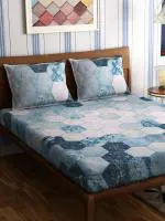 Petal Home 300 TC Hexagon Blue 100% Cotton King Size Bed Sheet with 2 Pillow Covers