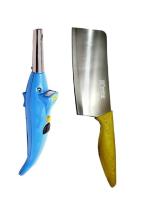 Blue Wonder Dolphine Shape Electric Gas Lighter With Wooden Handle Meat Chapper and Multicolour, Pack of 2