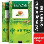 TE-A-ME Ashwagandha Healthy Green Tea, 50 Tea Bags (Pack of 2 Boxes - 2 X 25 Tea Bags) | Herbal Tea | 100% Natural Ingredients - Green Tea, Ashwagandha, Licorice Root, Tulsi (Basil), Ginger (Adhrak), Turmeric (Haldi), Moringa, Amla, Brahmi, Triphala