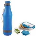 Linasha Plastic Durable Easy to Clean Blue Colour Insulated Single Wall Water Bottle 1000ml for Kids, Girls, Boys, Adult and Tiffin box /Lunch box with Small Container 950 ml for Office/School/Work/Travel.