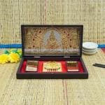 pujaNpujari Gold Plated Ganesh Ganapati Photo Frame with Charan Paduka for Pooja Room, Return Pooja Gift Box Set