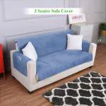 HOKIPO Quilted Velvet Sofa Cover with Pockets for 3 Seater, Placid Blue (IN-766)