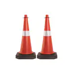 HEALTH SAFE Plastic Traffic Safety Cone with Black Rubber Base,Reflective Strips Collar and Round Ring|Impact Resistant 750MM(Pack of 2)