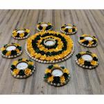 vaSun ALWAYS TOGETHER Handmade Decorative Floral Rangoli Set with Tealight Holders - Multicolor (Set of 9) (Green and Yellow)