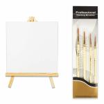 iCraft 6 Inch Four Piece Mini Display Canvas Board for Painting, Two Piece Canvas Board Stand 22 cm X 17cm with 1 Professional Brush Set(4 Canvas Board , 2 Stand & 1 Brush Set)