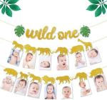 Festiko Safari Jungle Animal 1st Birthday Banner Wild One Garland Gold First Year Photo Banner Baby Kid Zoo Party Decorations