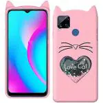 UNILORD Realme C15 Pink Rubber Love Cat 3D Heart Design Flexible Ear Cat Kitty Girls Back Cover Case