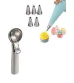 BLUE WONDER Cake Decorating 6 Pcs Nozzle with Stainless Steel Neelu Ice Cream Scoop and (Multicolour, Pack of 2)