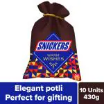 Snickers Chocolate Potli Gift Pack | Assortment of 10 Bars | 4 Snickers Peanut Bars | 3 Snickers Almond Bars | 3 Snickers Butterscotch Bars | Chocolate Potli Gift Pack | 430g