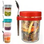 JIGSHTIAL 350ml Overnight Oats Container with Lid and Spoon, Recipe,Glass Overnight Oats Jars, Wide Mouth Airtight Mason Jars, Milk and Fruit Salad Storage Leak Proof Container (Multicolor_PACK OF 4)