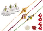 Feastive Celebrations Kaju Samosa With 3 Contemporary Rakhis, Kesar, Pair Of Soan, Pooja Rakhi, Chawal