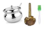 First Front Stainless Steel Ghee Dani or Ghee Pot With Pure Wooden Hand Blender Mathai Rai, Brown and Silicon Mini Oil Brush Only,,(Multicolour, Pack of 3)