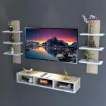 Furnifry Wooden TV Entertainment Unit with 2 Wall Shelf for Bedroom, Home, Living Room (Oak White)