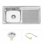 Ruhe Square Bowl with Drainboard 37 x 18 x 8 inches Kitchen Sink | Premium Stainless Steel Square Single Bowl with Drainboard Kitchen Sink | Glossy Finish | Including Sink Coupling and Waste pipe