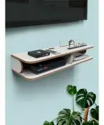 Home Sparkle Long Double shelf Set Top Box Holder Floating Shelf Set top Box Stand | WiFi Router Holder Wooden Wall Shelves | Setup Box Stand for Home | Wall Mount Stylish WiFi Router Holder TV Cabinet Living Room Furniture (White)