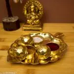 Denique Brass Leaf Shaped Karanda Puja Rituals Akshat Dibbi Chandan Chopala Haldi Kumkum Kankavati