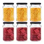 JIGSHTIAL Glass Jars and Storage Containers Air Tight Lid For Herbs, Foods, Jams, Liquid, Small Spice Jars - 400 Ml Glass Pickle Jar (Pack Of 6, Black)