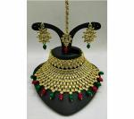 Gyaan Jewels Handmade Gold Plated Brass Necklace, Earring and Maang Tikka Set Green (Women, Girls) (Pack of 1) Free Size