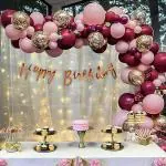 SpecialYou.in Happy Birthday Decorations for Girls 3rd 4th 5th 7th 18th Bday Pink Balloons DIY Combo Kit with White Net Curtain Cloth and Fairy LED Lights, Garland Arch Tape, backdrop, props Pack of 74 Items