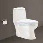 Vardhman Ceramics One Piece Western Commode for Toilet Bathroom Water Closet Ewc Floor Mounted Mount Wc with Soft Close Slow Motion Seat Cover and Flush Tank Fittings Installed P Trap Outlet on Backside Wall 165mm / 6.5 Inch Glossy Finish Cardin-P-White