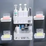 SHOPITECH Bathroom Shelf Kitchen Shelf Soap Box Stand Combo - Wall Mount Bathroom Accessories for Home Decor with Self Adhesive Sticker - White (Combo Bathroom Shelves 2Pcs+ Soap Stand 4Pcs) Plastic Wall Shelf (Number of Shelves - 6, White)