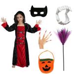 Kaku Fancy Dresses Halloween Party Red Black Witch Costume Gown With Teeth, Mask, Nail & Witch Broom & Pumpkin Bag Set for Kids
