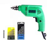 Sauran 10mm, 300W Heavy Duty Drill Machine with 18 Pcs Drill Bits for Wood, Steel, Walls, Tiles - Pistol Grip, Reverse Forward (Green)