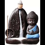 Becooper Handicrafted Buddha Smoke Fountain Incense Burner with 10 Incense cone|Statue| Decorative Showpiece - 12 cm (Polyresin, Blue)
