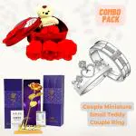 Jiyansh Creation Valentine's Day Top Notch New Combo Pack Of Crown Couple Silver Ring & Soft Teddy Bear Box With Artificial Golden Rose With Love Stand Best Gift For Boyfriend, Girlfriend , Husband, Wife (Multi color, Resin)