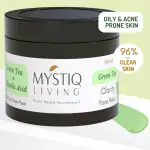 Mystiq Living Acne Face Mask Green Tea Clarity (100 GM) Tan Removal, Face Mask, Anti Acne, De Tan, Acne Marks, Pimples, Oily & Acne Prone Skin and Glowing Skin | D Tan Pack Ayurvedic Formulation | Neem, Tulsi & Green Tea, For Women & Men