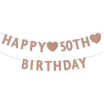 Festiko Rose Gold 50th Birthday Banner, Glitter Happy 50 Years Old Woman Or Man Party Decorations, Supplies