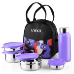 UNINOX Meal Mate Lunch Box Set of 3 Containers (250,350,500 ml), 1 Pickle Box (125 ml) , 1 Bottle (500 ml)| BPA Free | Hot & Cold | Purple