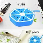 BOPUD Extension Board Hexagon Electrical Extension Cord Power Socket with 4 USB Port for Mobile with 2 Meter Cable Wire 4 Socket Surge Protector Spike Strip Guard Extension Board.