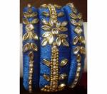 Aashirwad Traders Handmade Blue Shine Silk Thread, Kundan and Plastic Bangles (Women) - 2.4 (set of 3)