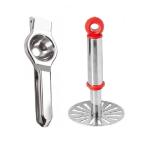 URBAN BUY Stainless Steel Lemon Squeezers With Stainless Steel Potato Small Masher and Multicolour, (Pack of 2)