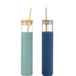 Welour new Premium Glass Water Bottle with Bamboo Straw 500Ml (Set of 2) green blue