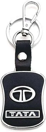 Blue Aura Foxr Black Leather Tata Logo Key Ring With Hook Key Chain