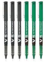 Pilot Hi-Tecpoint V5 Extra Fine Point Liquid Ink Pen | Tip Size - 0.5 MM | Unique Dimple Tip Technology | Ink Colour - 3 Black and 3 Green | Pack of 6