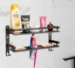 GOSAI Stainless Steel Matt Black Bathroom Accessories Bathroom Shelf with Soap Case Toothbrush Holder and Hook | Black Bathroom Rack Shelf | Tumbler Holder | Soap Dish (16x5x9 inch)