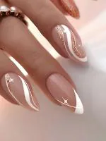 Secret Lives Premium Glossy Reusable Artificial Nude Color With Golden Glitter & Glitter White Strips And Tips Design Fake False Press On Nails 24 Pieces Set With Kit