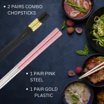 HICHAKI 2 Pairs Silicon Steel & Gold Black Reusable Chopsticks for Noodles and Sushi | Light Weight | Dishwasher Safe