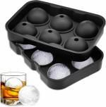 WOTERLY Silicone ice Cube Trays for Freezer, 6 Round Ice Ball Maker Trays with Funnel, Reusable BPA Free, Big Size Ice Cube Molds for Whiskey Cocktails Milk Juice Soup (1 Pack Black)