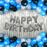 SHANAYA Happy Birthday Decorations For Boys Kit - Silver Happy Birthday Foil Balloon, Blue Black Balloons For Birthday, Foil Curtain For Boys, Husband- Happy birthday Decoration Kit