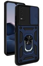 Jkobi Plastic Back Cover with Tough Hybrid Armor, Ring Holder & Kickstand in-Built, Sliding Shutter Camera and 360 Degree Protection for Vivo Y20 | Y20i (Metal Blue)