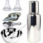 PGD Plain Silver Stainless Steel Baby Feeding Bottle with Feeder Spoon, Bowl, Idly Spoon, Spoon Extra 2 Nipple - 200 ml