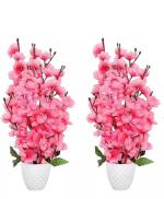 KANRAJ Cherry Blossom Medium Size Artificial Flowers with Pot for Decoration, Diamond Pot, Light Pink, Height 42 cm, Combo Set of 2
