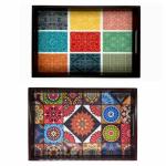 ANGIRA HANDICRAFTS Handmade Wooden Tray with Handprinted Designs Serving Trays Set of 2 Tray